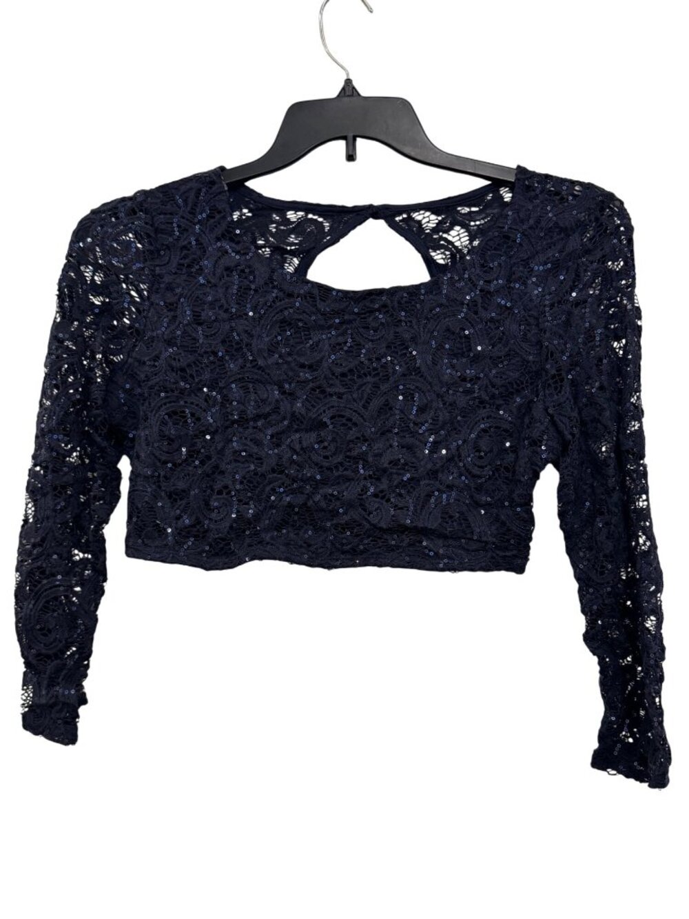 Sequin Lace Long-Sleeve Crop Top Navy Blue Womens Size 11 crystal doll